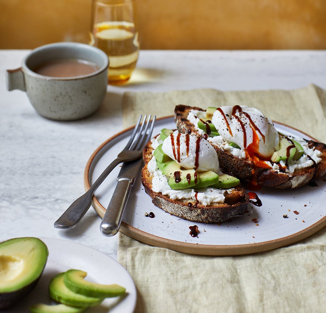 Balsamic Avocado Toast with Poached Eggs and Fresh Goats Cheese