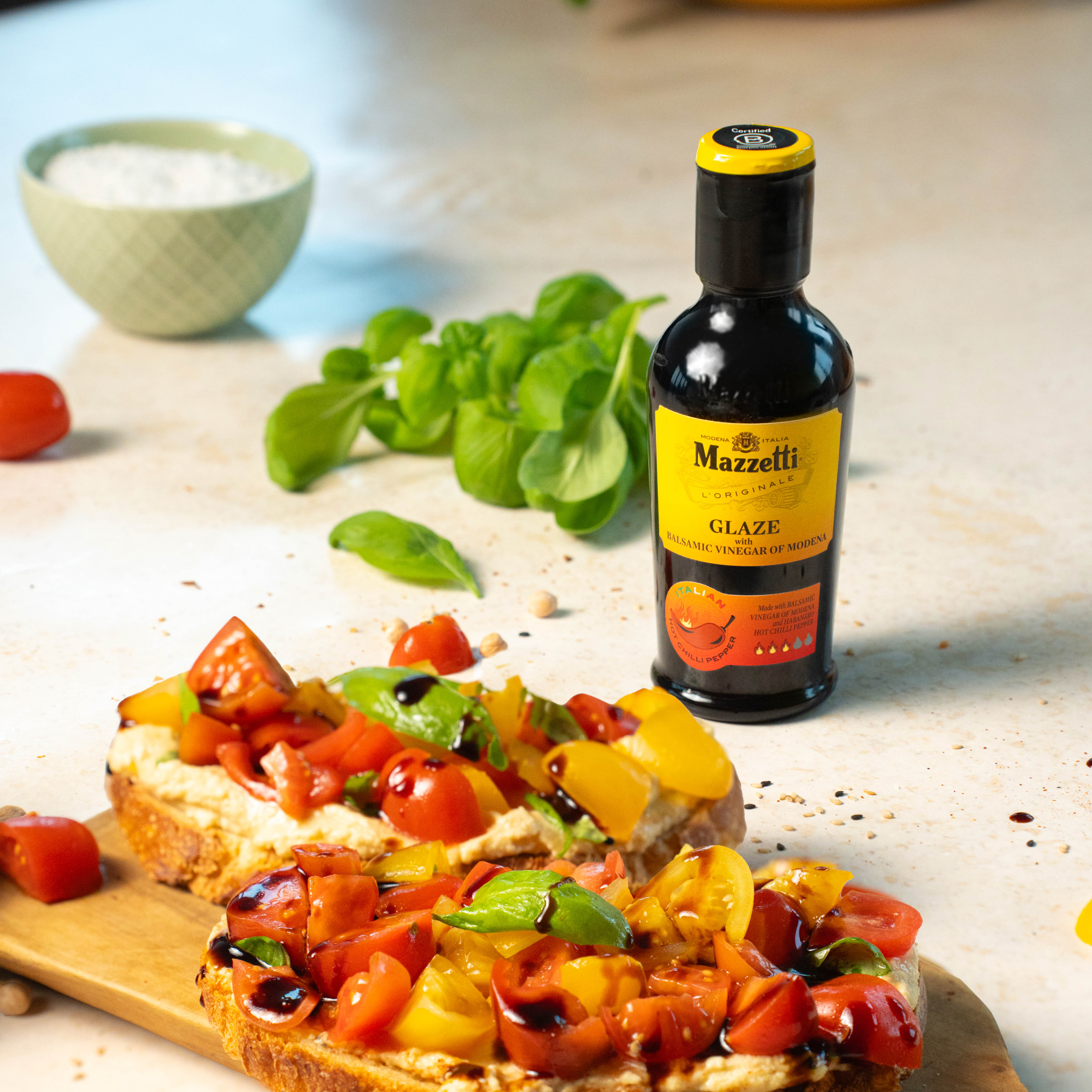 Summer Bruschetta with Hot Chilli Pepper Balsamic glaze