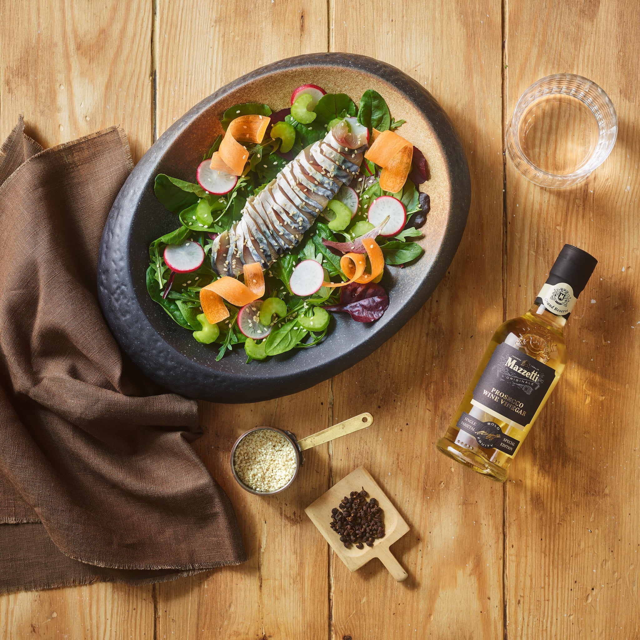 Prosecco Wine Vinegar marinated mackerel on a bed of mixed salad