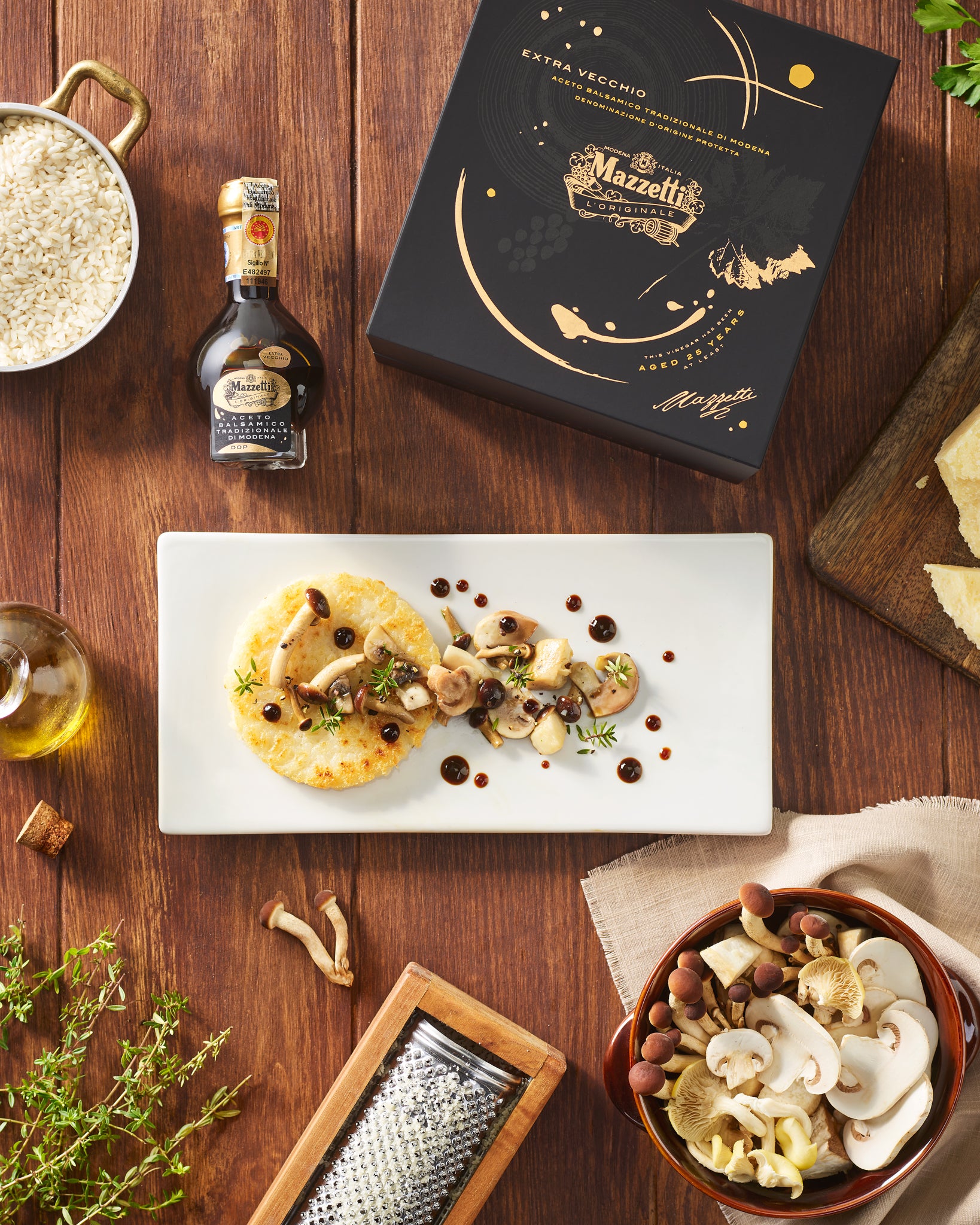 Sautéed risotto al Parmigiano disc with mushrooms, savory and Tradizionale Extravecchio