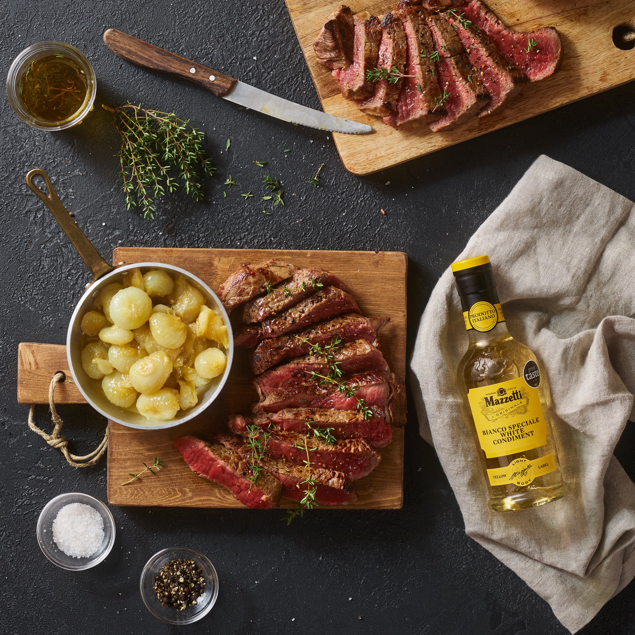 Thyme beef tagliata with sweet and sour Borettane onions