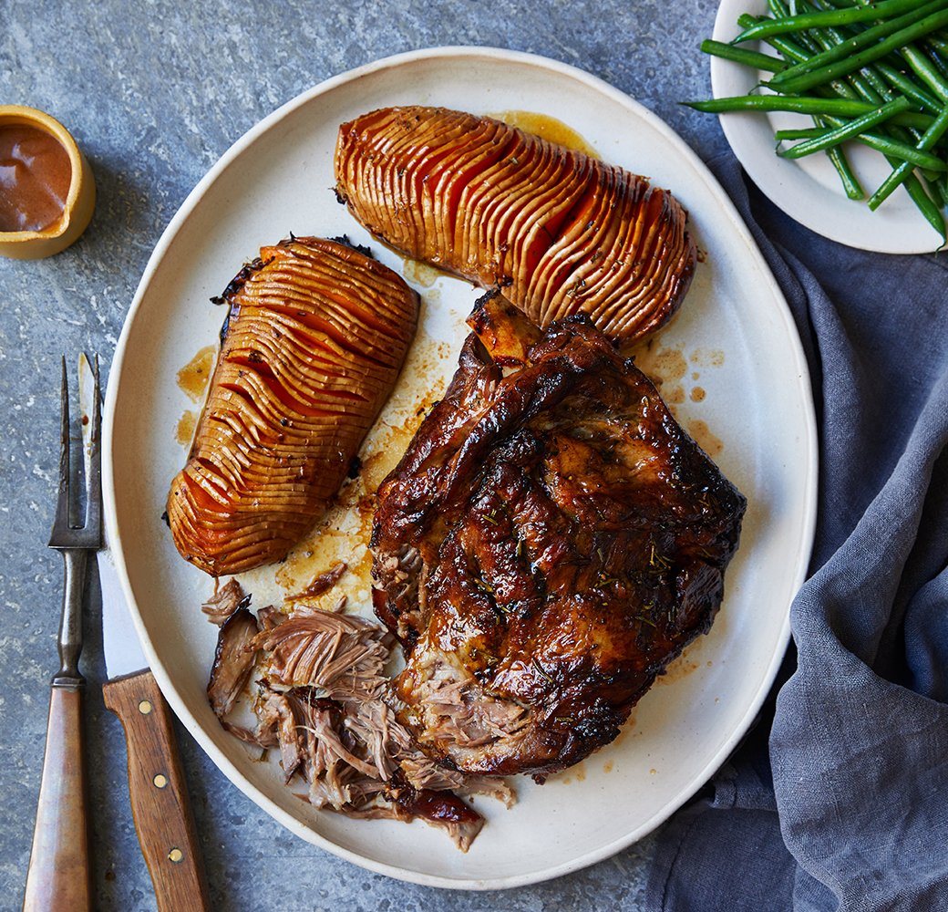 Slow Roasted Lamb Shoulder with Hasselback Squash & Balsamic Honey Butter